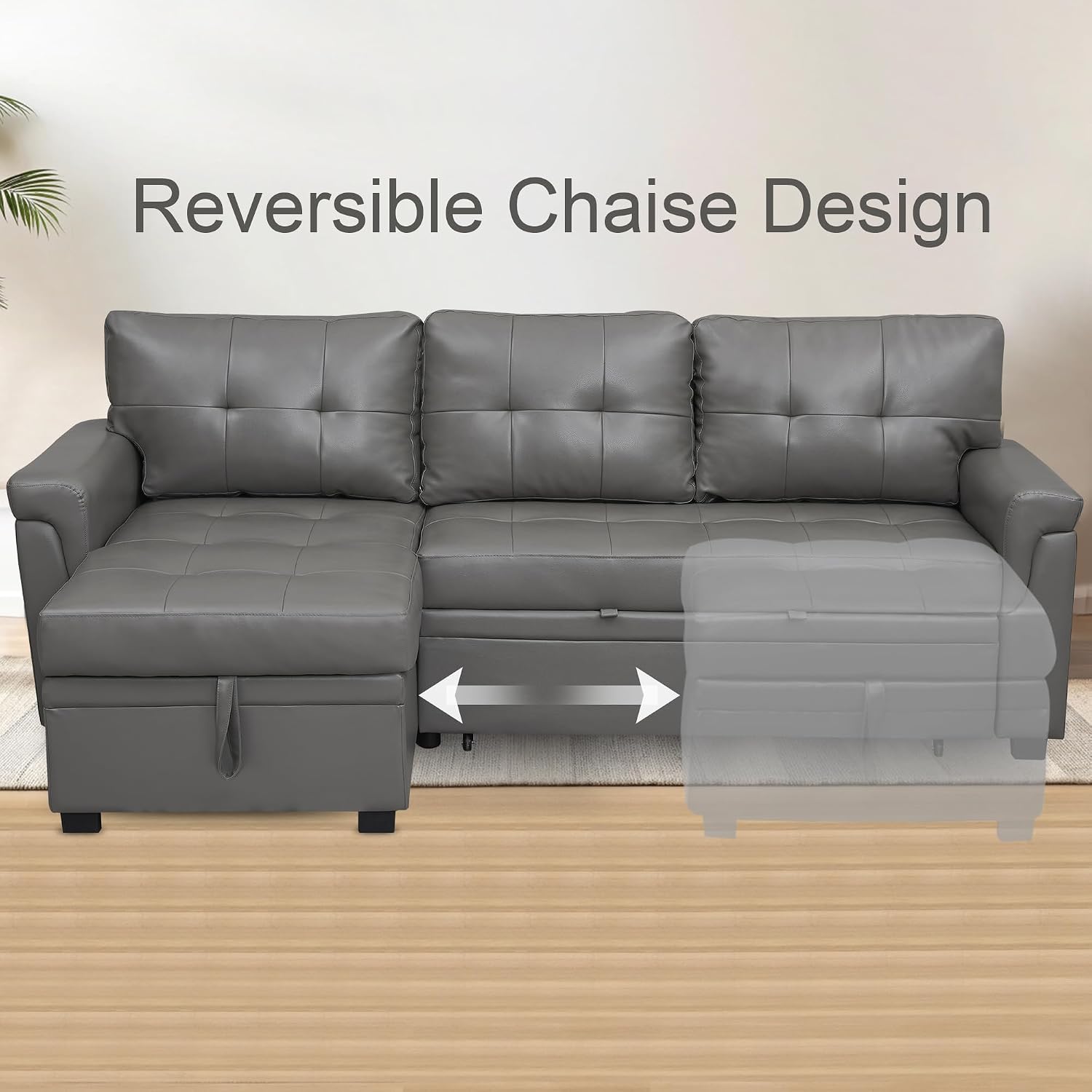 Naomi Home L Shaped Sectional Couch with Storage & Pull Out Bed – 3-in-1 Convertible Sleeper Sofa Bed, Small L Shape Sofa for Living Room, Sofa Bed with Storage Chaise in Gray, Air Leather