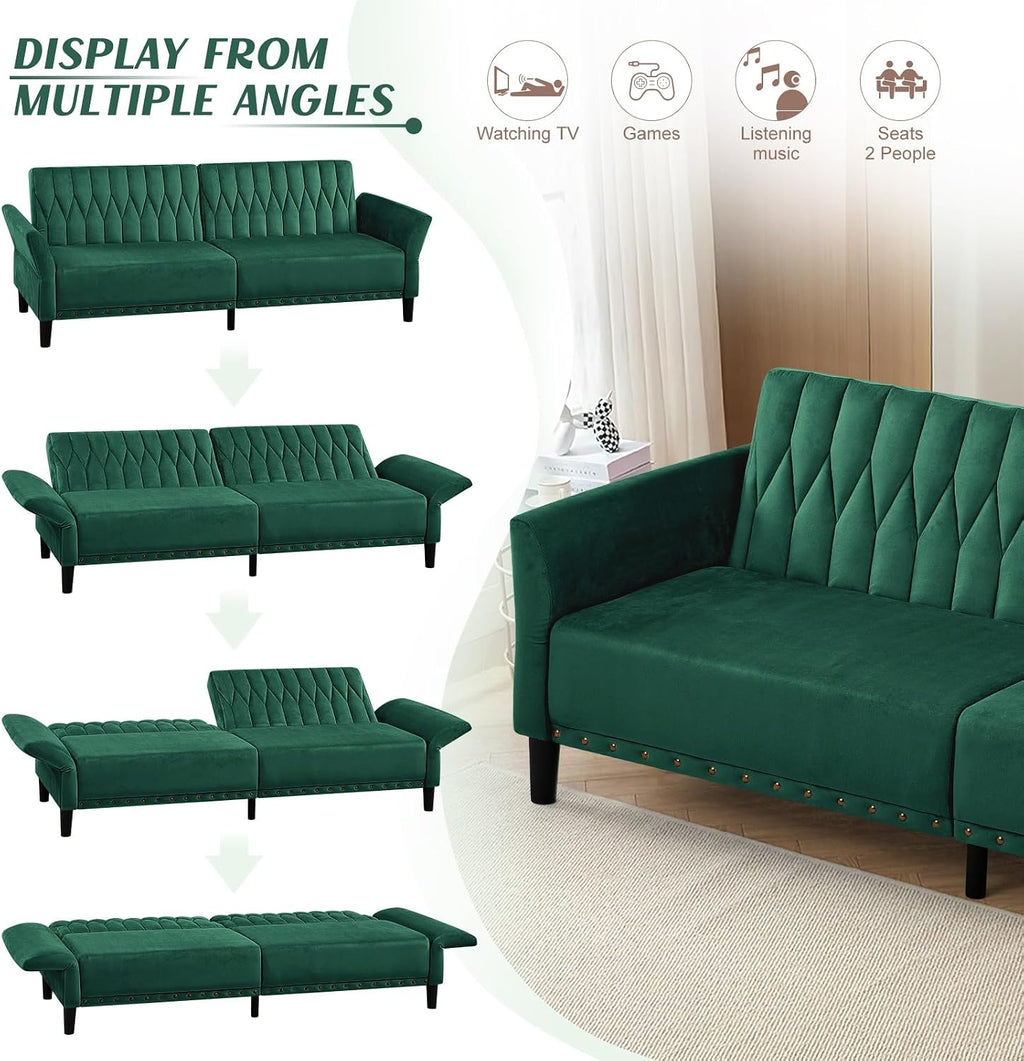 77' Velvet Sleeper Couch with Adjustable Backrests & Armrests, Modern Sofa Bed with Nailhead Trim, Tufted Loveseat Sofa with Deeper Seat for Living Room,Office,Green