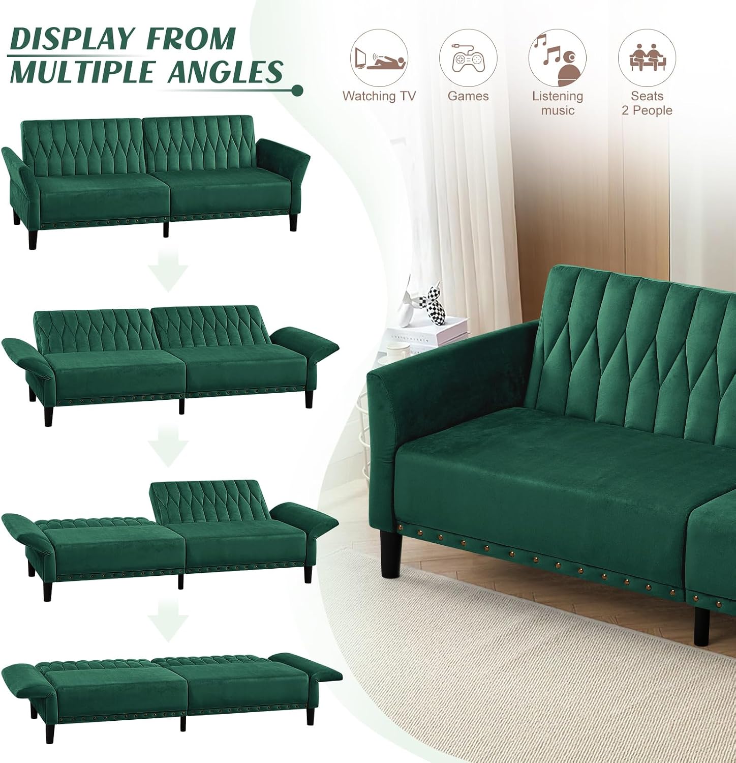 77' Velvet Sleeper Couch with Adjustable Backrests & Armrests, Modern Sofa Bed with Nailhead Trim, Tufted Loveseat Sofa with Deeper Seat for Living Room,Office,Green