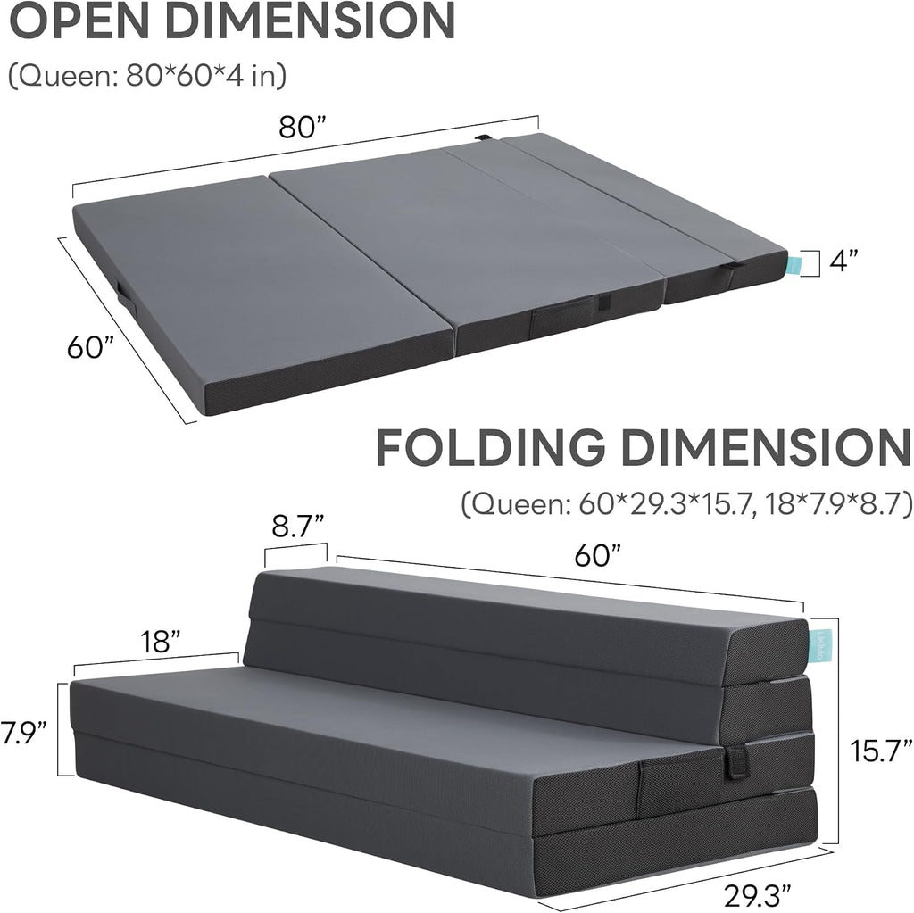 LIKIMIO Folding Mattress Queen, High Density Foam Mattress with Breathable and Washable Cover & Storage Bag, 4 Inch Foldable Mat Topper for Camping, RV and Yoga, Handle Design, Gray
