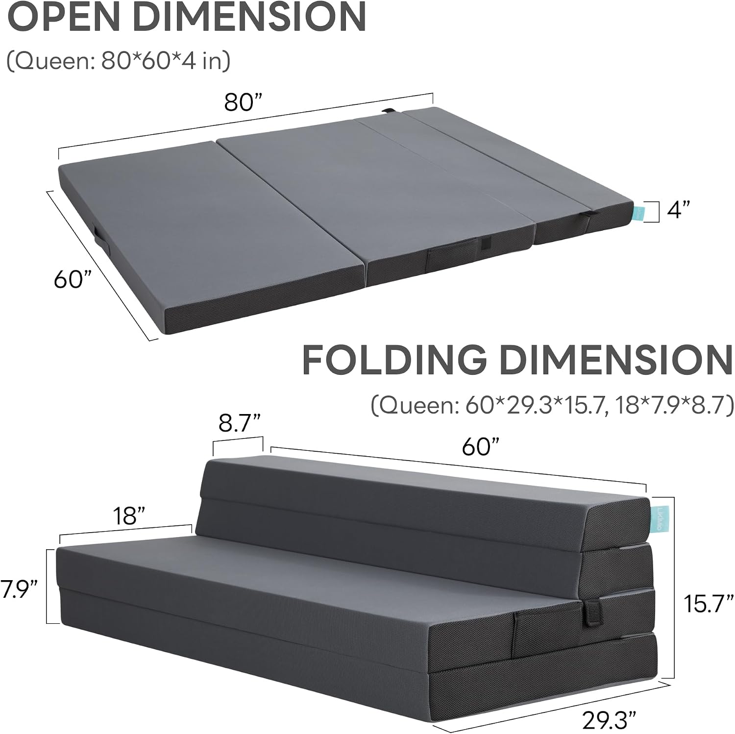 LIKIMIO Folding Mattress Queen, High Density Foam Mattress with Breathable and Washable Cover & Storage Bag, 4 Inch Foldable Mat Topper for Camping, RV and Yoga, Handle Design, Gray