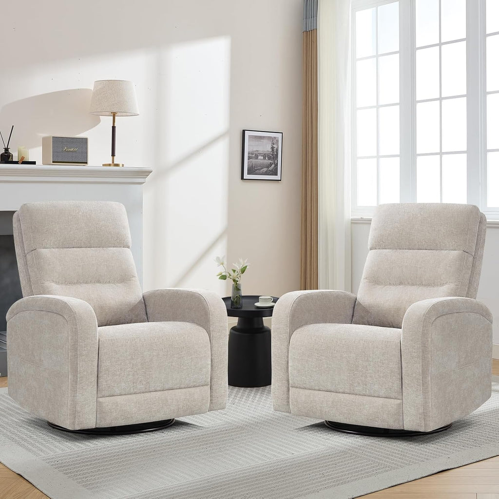 Swivel Rocker Recliner, 360° Swivel Nursery Glider Recliner, Rocking Recliner Chairs with Pockets and Large Arms for Living Room, Manual Chenille Camel