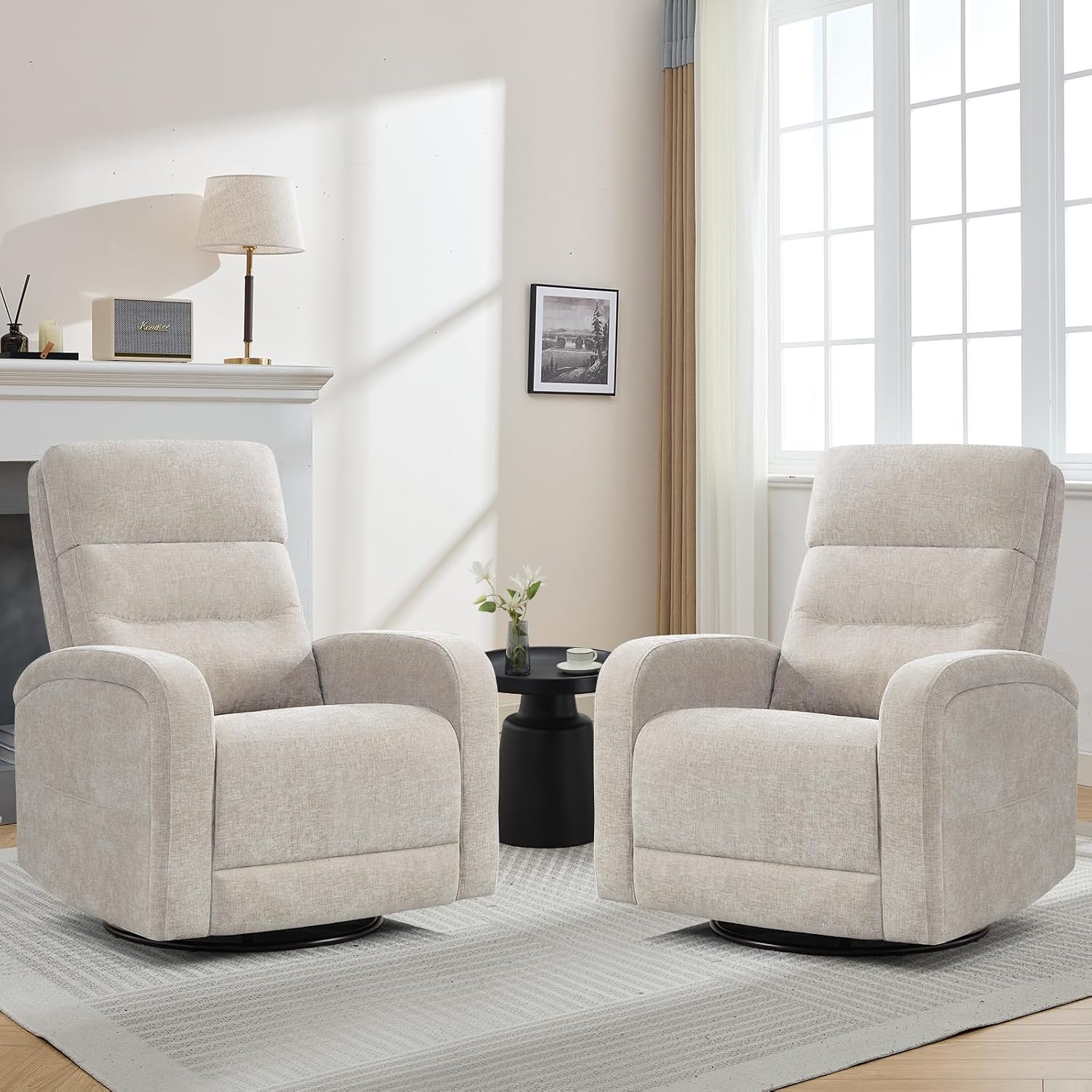 Swivel Rocker Recliner, 360° Swivel Nursery Glider Recliner, Rocking Recliner Chairs with Pockets and Large Arms for Living Room, Manual Chenille Camel