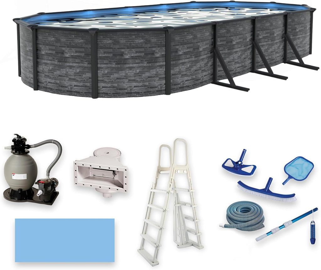 Blue Wave Marbella 12-ft x 24-ft Oval 52-in Deep Above Ground Swimming Pool – Steel Wall & Top Rails, Sand Filter, Skimmer, Liner, A-Frame Ladder & Maintenance Kit – Complete Outdoor Pool Accessories