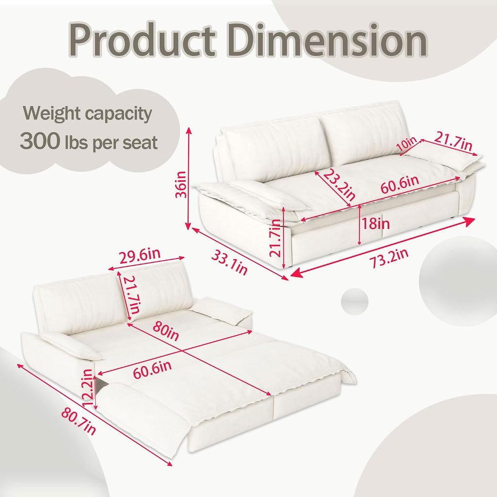 73.2' Queen Size Pull Out Sofa Bed, 3-in-1 Convertible Sleeper, Velvet Loveseat for Living Room, Apartment, Bedroom Small Spaces, Beige (Mattress & Bedding Not Included)