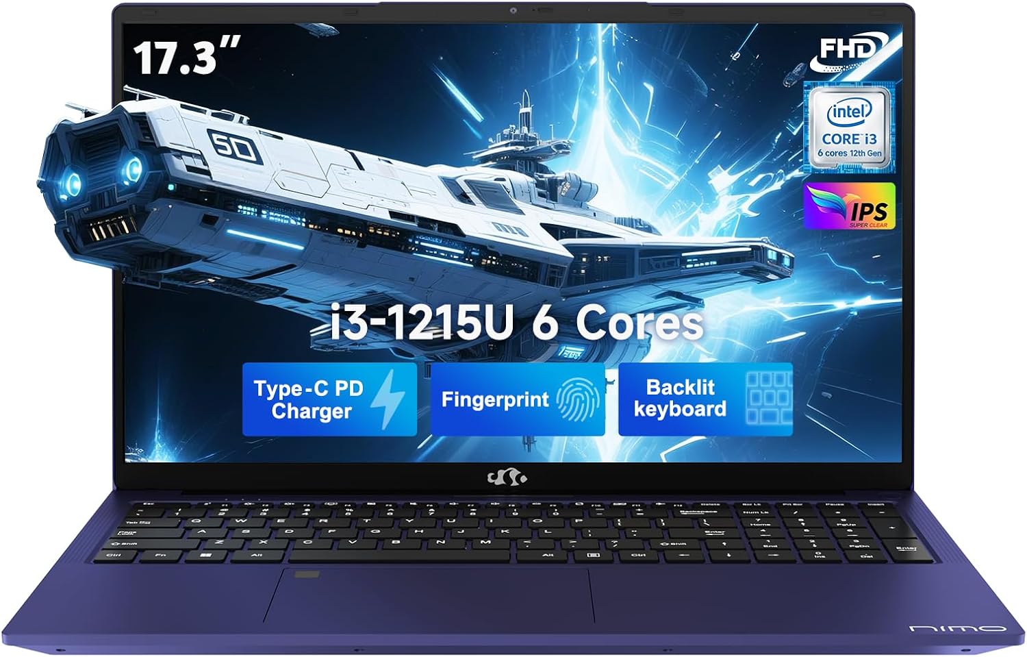 NIMO 17.3' IPS FHD-Student-Laptop, Intel 6 Core I3-1215U 16GB RAM 1TB SSD (Beat R5 7520U, Up to 4.4GHz) Computer with 65W Type C Backlit Keyboard Fingerprint Wi-Fi 6, for Home and Business