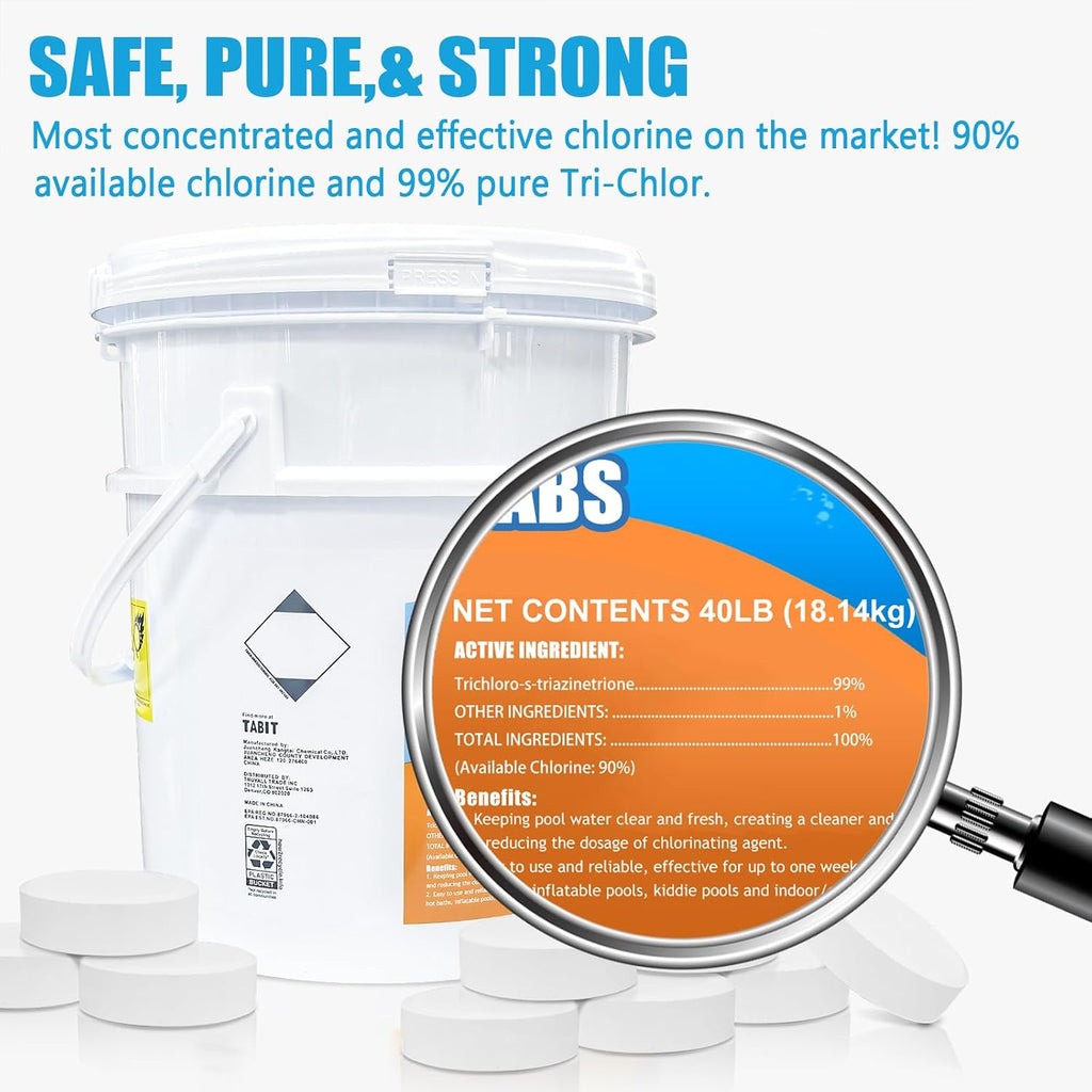 TABIT 80 lbs Chlorine Tablets 3 Inch for Swimming Pools – Slow Dissolving & Long Lasting – 99% Available Chlorine Tri-Chlor – Kills Bacteria & Stops Algae – 2 x 40 lb Buckets