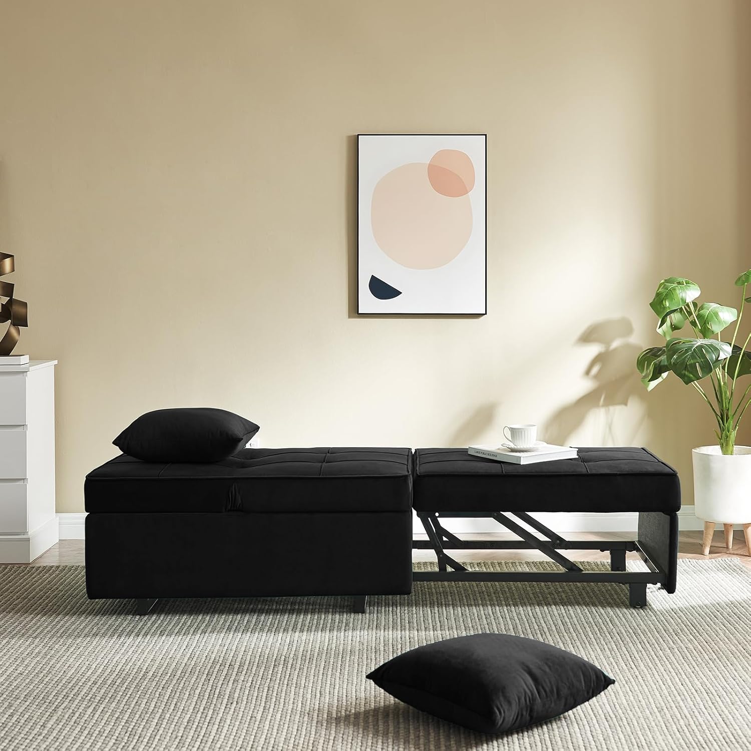 Sofa Bed 4-in-1 Convertible pull out Couch, Velvet Love seat Couch Sleeper Chair Bed with 2 Throw Pillow, Single Recliner with 5 Adjustable Backrests for Living Room Apartment Small Space, Black