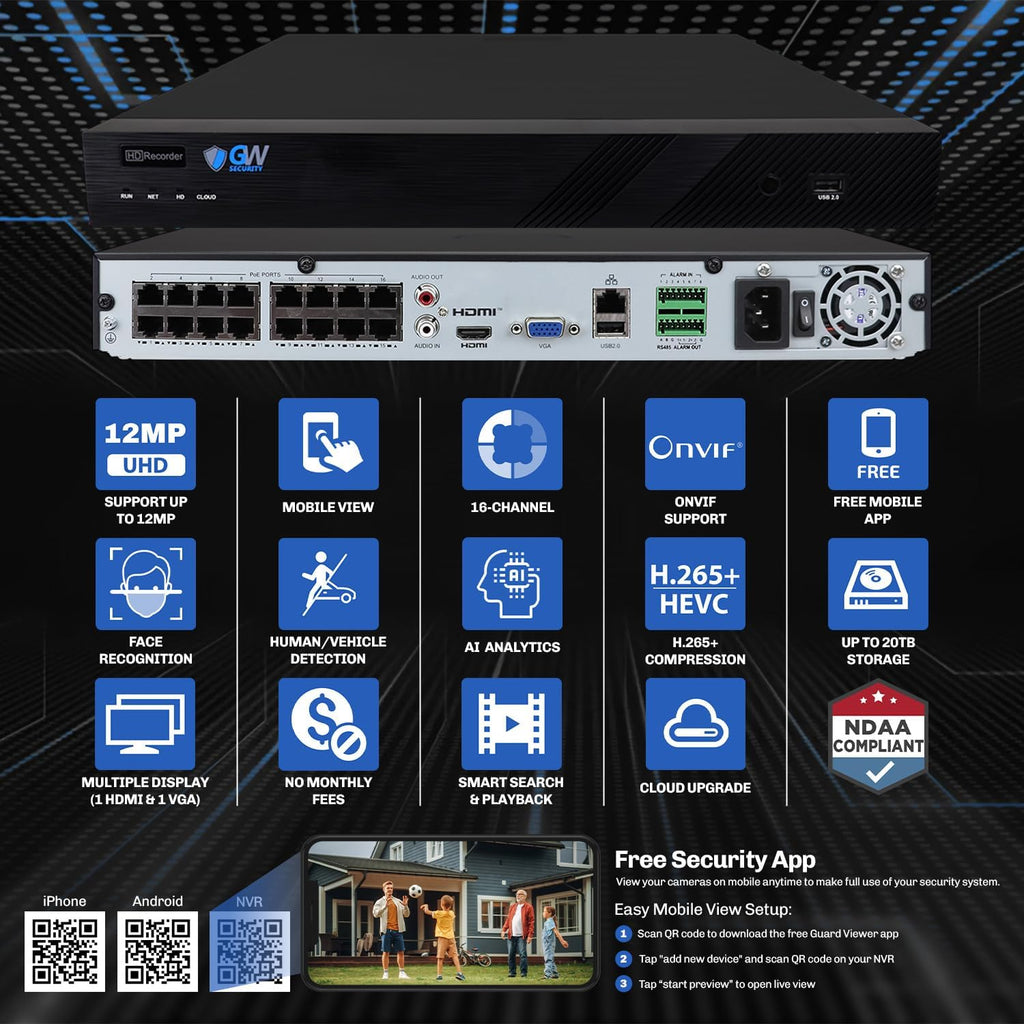 GW Security 16 Channel 6K NVR 5MP Outdoor Indoor Security Camera System - 16 x Dome 5MP 1920P Waterproof 2.8-12mm Varifocal Zoom Microphone AI Face/Human/Cars Detection IP PoE Cameras, 4TB Hard Drive