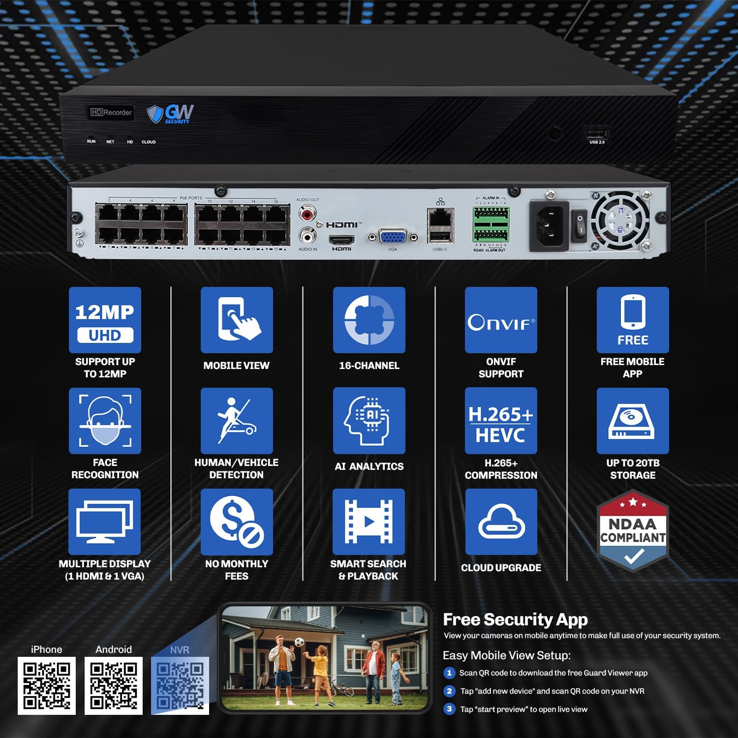 GW Security 16 Channel 6K NVR 5MP Outdoor Indoor Security Camera System - 16 x Dome 5MP 1920P Waterproof 2.8-12mm Varifocal Zoom Microphone AI Face/Human/Cars Detection IP PoE Cameras, 4TB Hard Drive