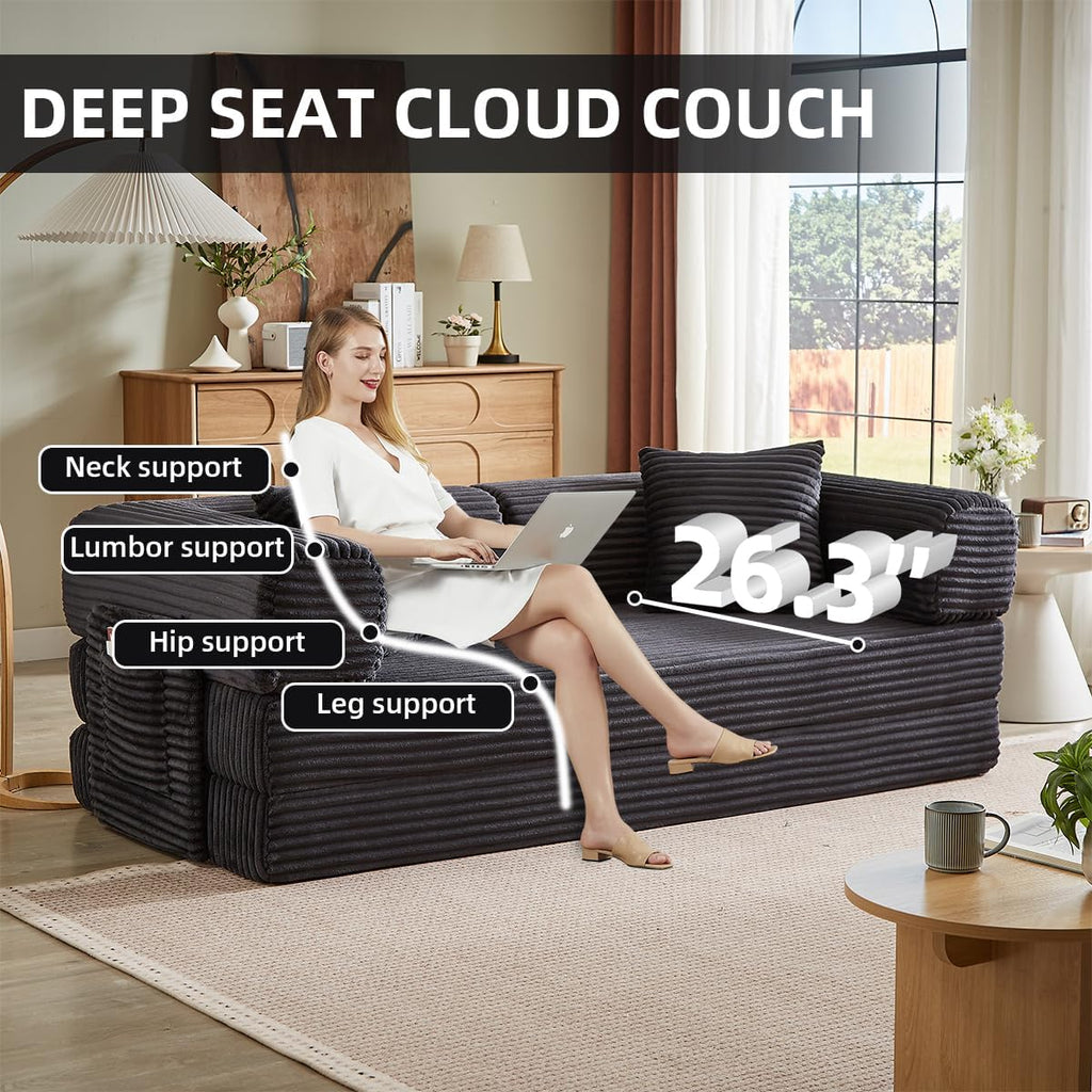 81 Inch Convertible Futon Sofa Bed,Fold Out Floor Sofa Couch with Fixed-Shape Frame,Corduroy Foldable Mattress Pull-Out Couches for Living Room (Dark Grey)