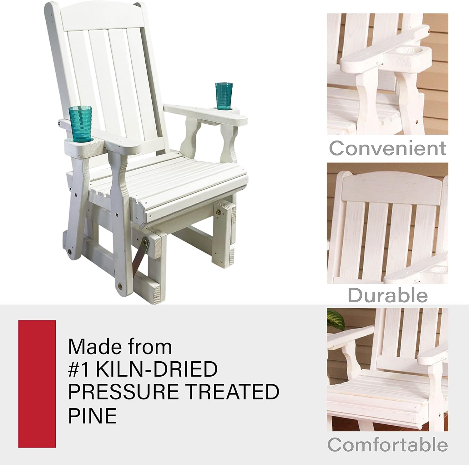 Amish Casual Heavy Duty 600 Lb Mission High Back Treated Glider Chair with Cupholders (Semi-Solid White Stain)