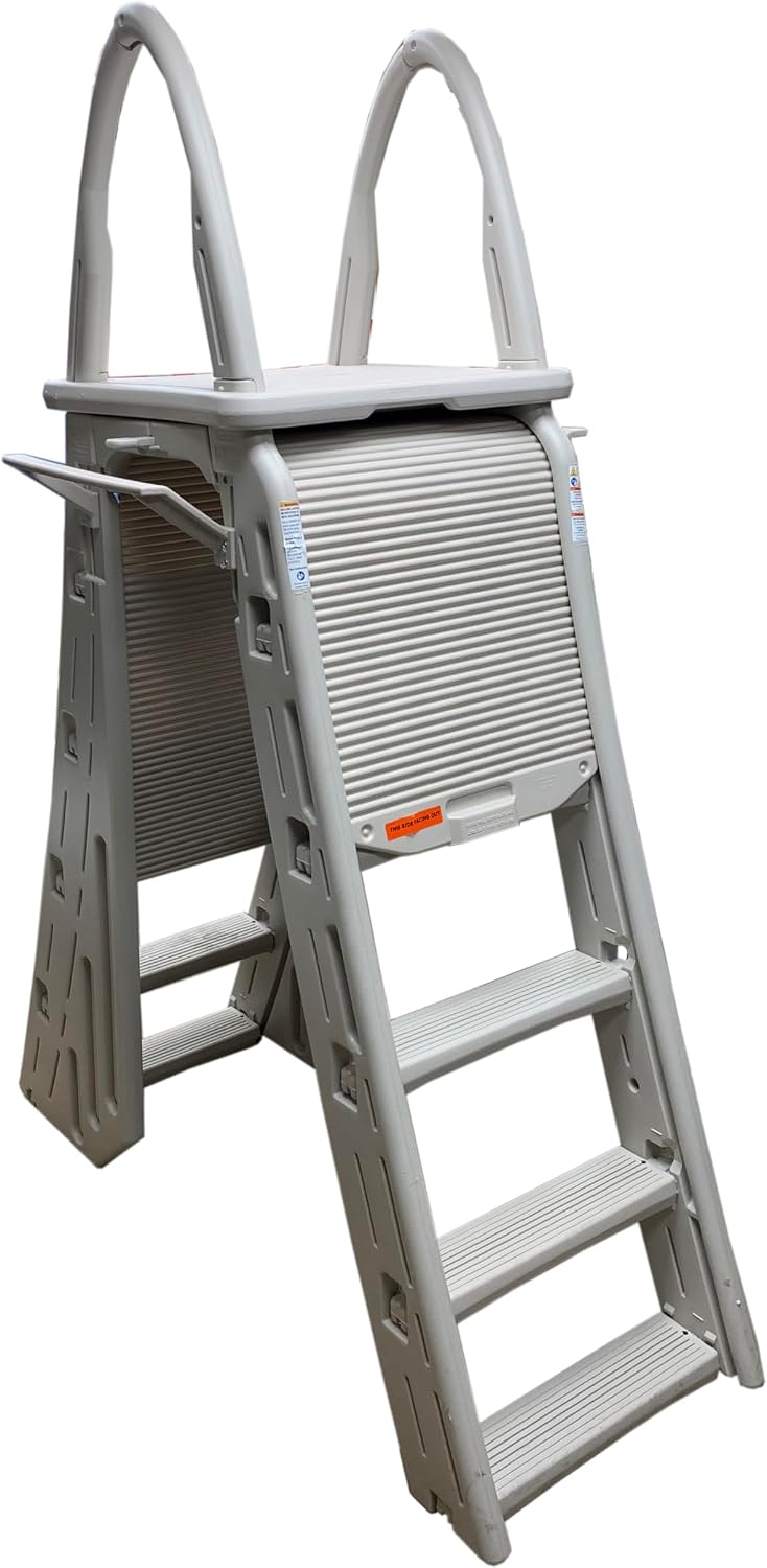 Confer Plastics 7200 Roll Guard 48' to 56' Adjustable A Frame Safety Ladder for Above Ground Outdoor Patio Swimming Pool Platform Ladder with Step Barrier, Warm Grey…