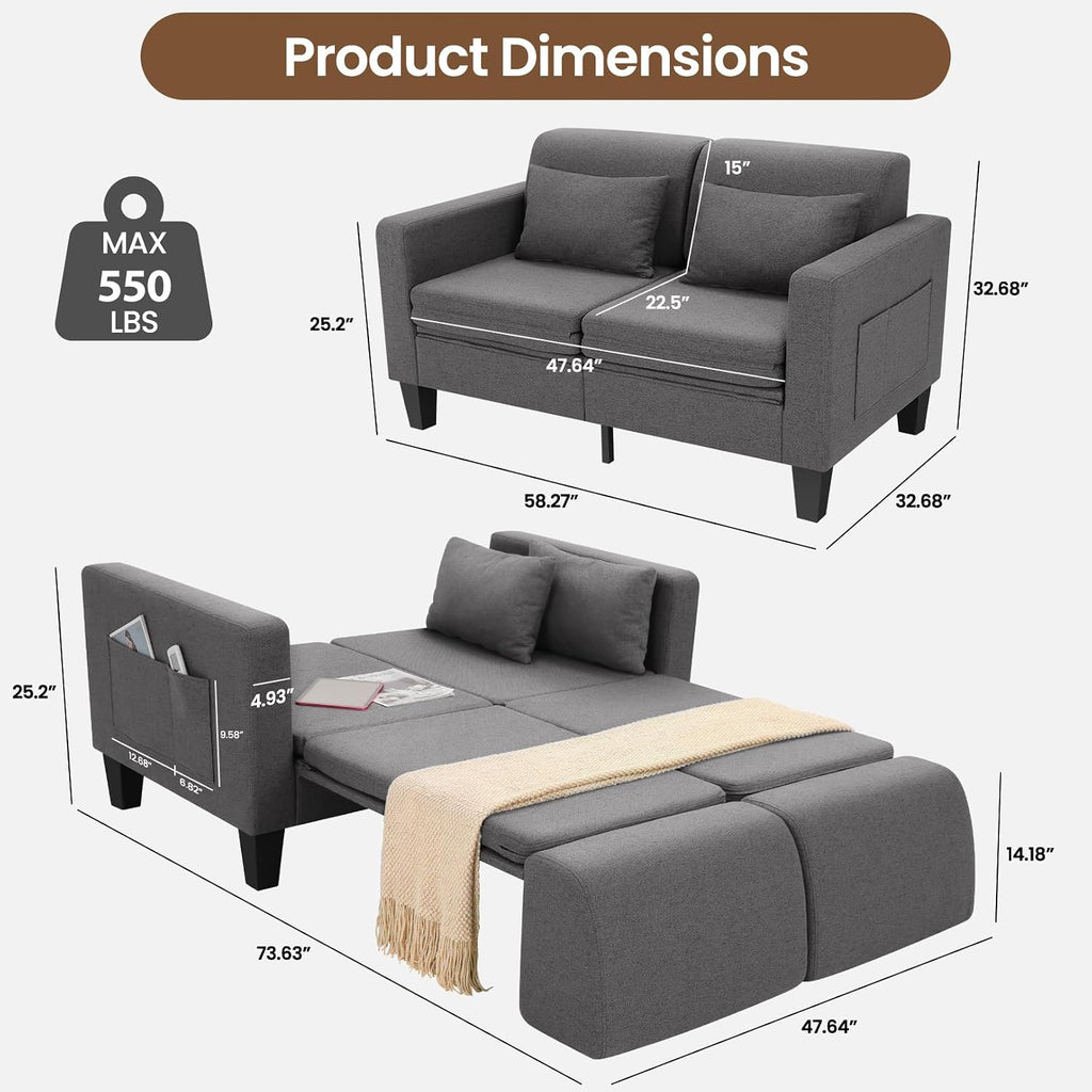 SEJOV 6-in-1 Convertible Sofa Bed, 58' Loveseat Sleeper Sofas with Pull Out Couch Bed, Removable Backrest, Storage Pockets and 2 Pillows, Modern Folding Linen Futon Couch for Small Spaces, Gray