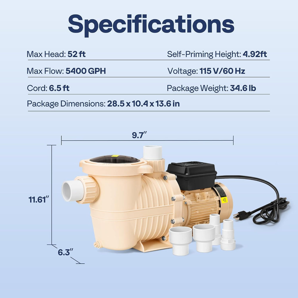 VIVOHOME 1.5HP 115V Variable Speed Pool Pump, Self-Priming Energy Saving, 1.5' & 2' Inlet w/Strainer Basket for in/Above Ground Pools