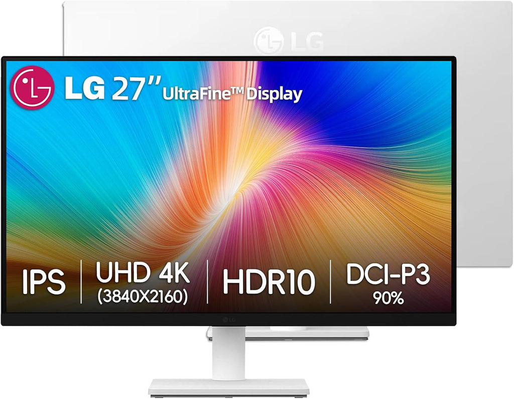 LG 27' 4K UHD (3840x2160) IPS Monitor, 60Hz, Dynamic Action Sync, Black Stabilizer, HDR10, Reader Mode and Flicker Safe, Anti-Glare, OnScreen Control, HDMI & DisplayPort, Tilt Adjustable, White