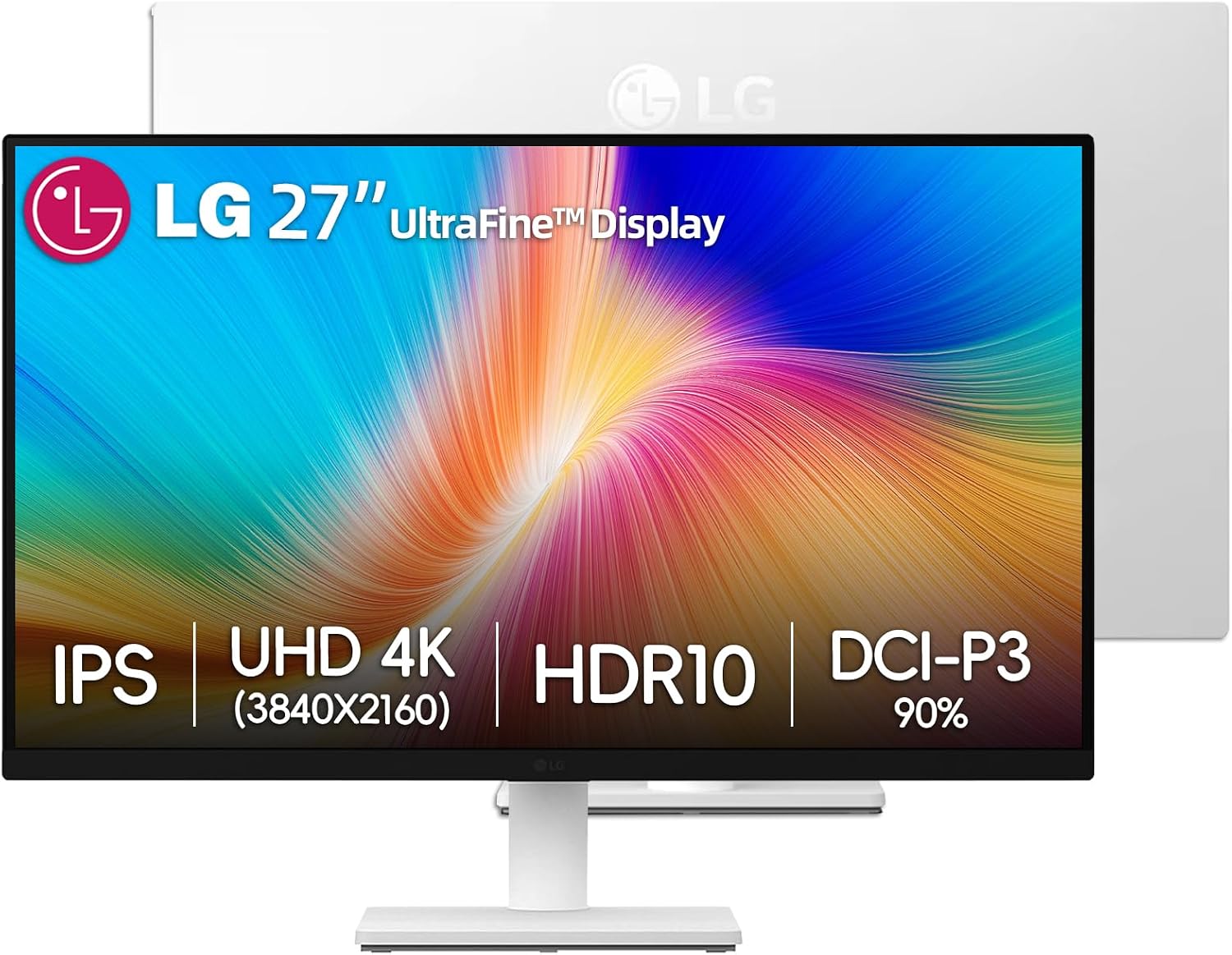 LG 27' 4K UHD (3840x2160) IPS Monitor, 60Hz, Dynamic Action Sync, Black Stabilizer, HDR10, Reader Mode and Flicker Safe, Anti-Glare, OnScreen Control, HDMI & DisplayPort, Tilt Adjustable, White