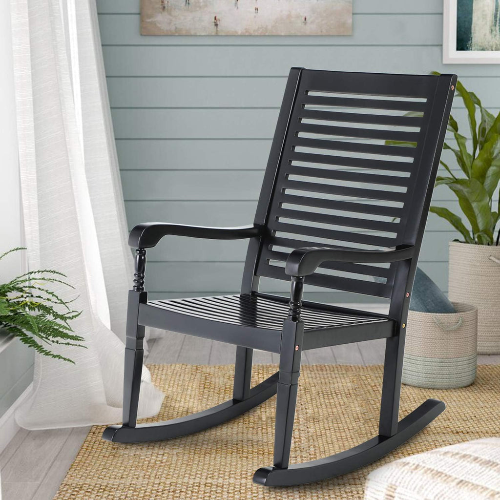 PHI VILLA Outdoor Rocking Chairs, Acacia Wood Rocker Chairs for Patio, Deck, Balcony, Porch or Indoor Use, 30° Safe Recline Support 350lbs - Black