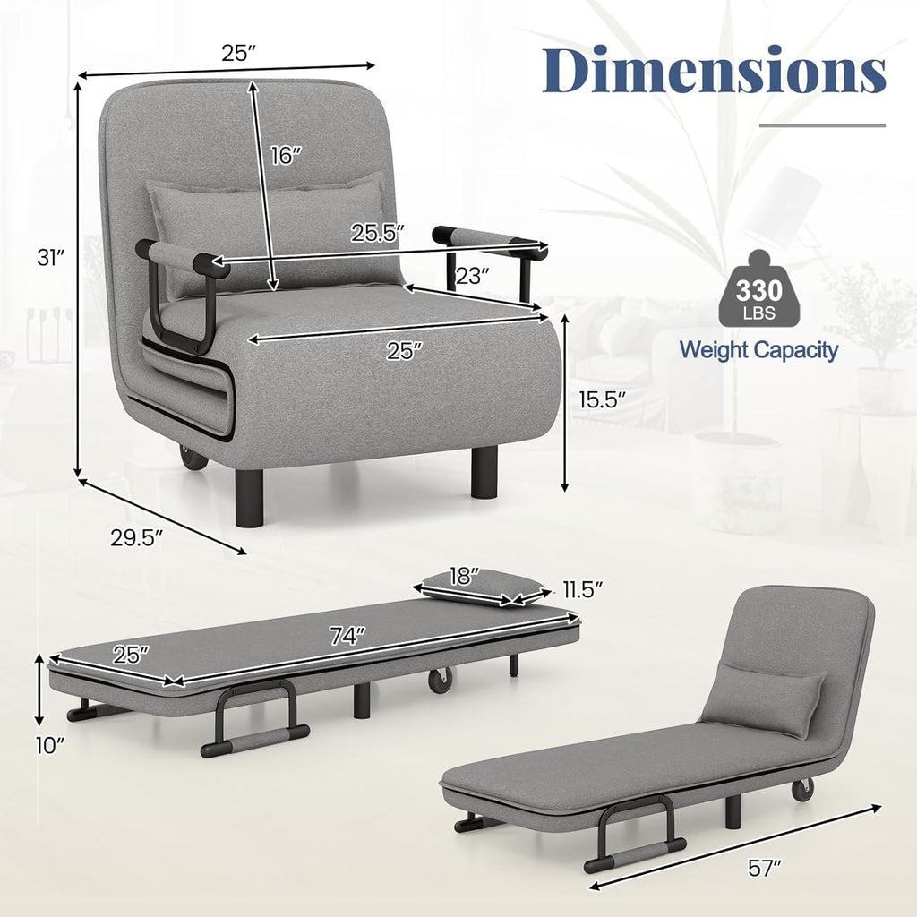 Giantex Convertible Sofa Bed, 3-in-1 Folding Sleeper Chair with 5-Position Adjustable Backrest, Wheels, 2 Legs, Recliner Chaise Lounge with Pillow, Armchairs for Nursery Living Room (Light Gray)