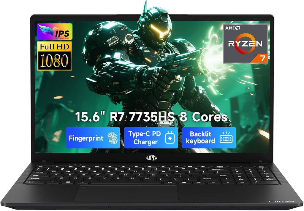 NIMO Gaming Laptop 15.6' FHD – AMD Ryzen 7 7735HS 8C/16T, Radeon 680M, 64GB DDR5, 4TB NVMe SSD, Backlit Keyboard, Fingerprint Unlock, 100W USB-C PD – Ideal for Students, Professionals, Creators
