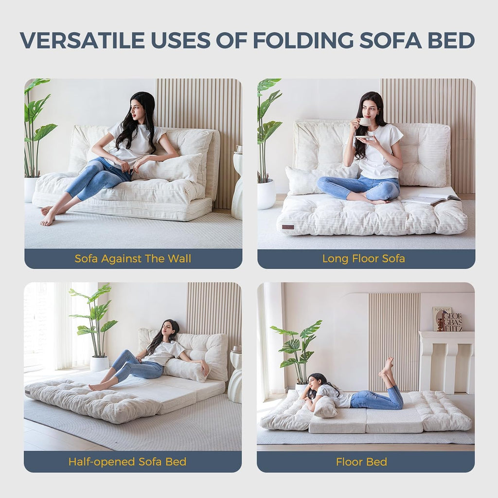 MAXYOYO Folding Sofa Bed, Tufted Bean Bag Bed with Pillows Floor Mattress for Adults, Extra Thick and Long Floor Sofa, Twin Floor Couch Bed for Bedroom Living Room, Beige, 39x91 Inch