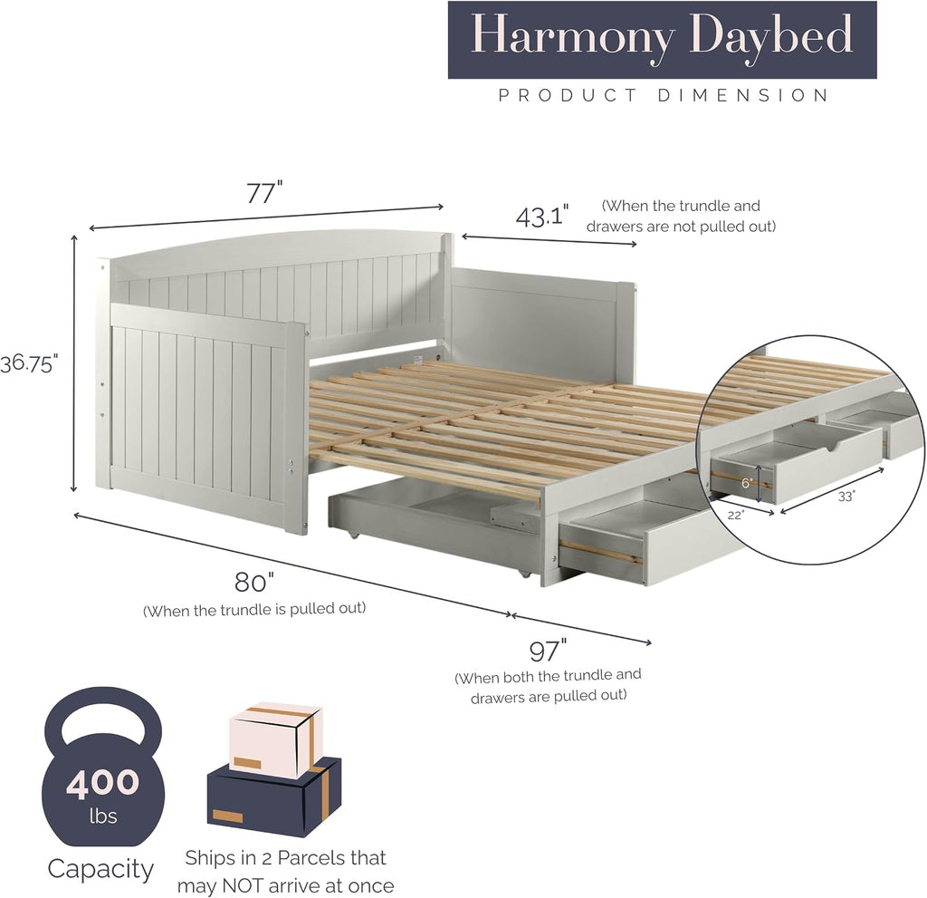 Alaterre Furniture Harmony Twin to King Daybed with Pop Up Trundle Bed - Solid Wood Twin Day Bed with 2 Pull-Out Storage Drawers and 400lb Capacity - For Kids, Guest Room, Living Room (Dove Gray)