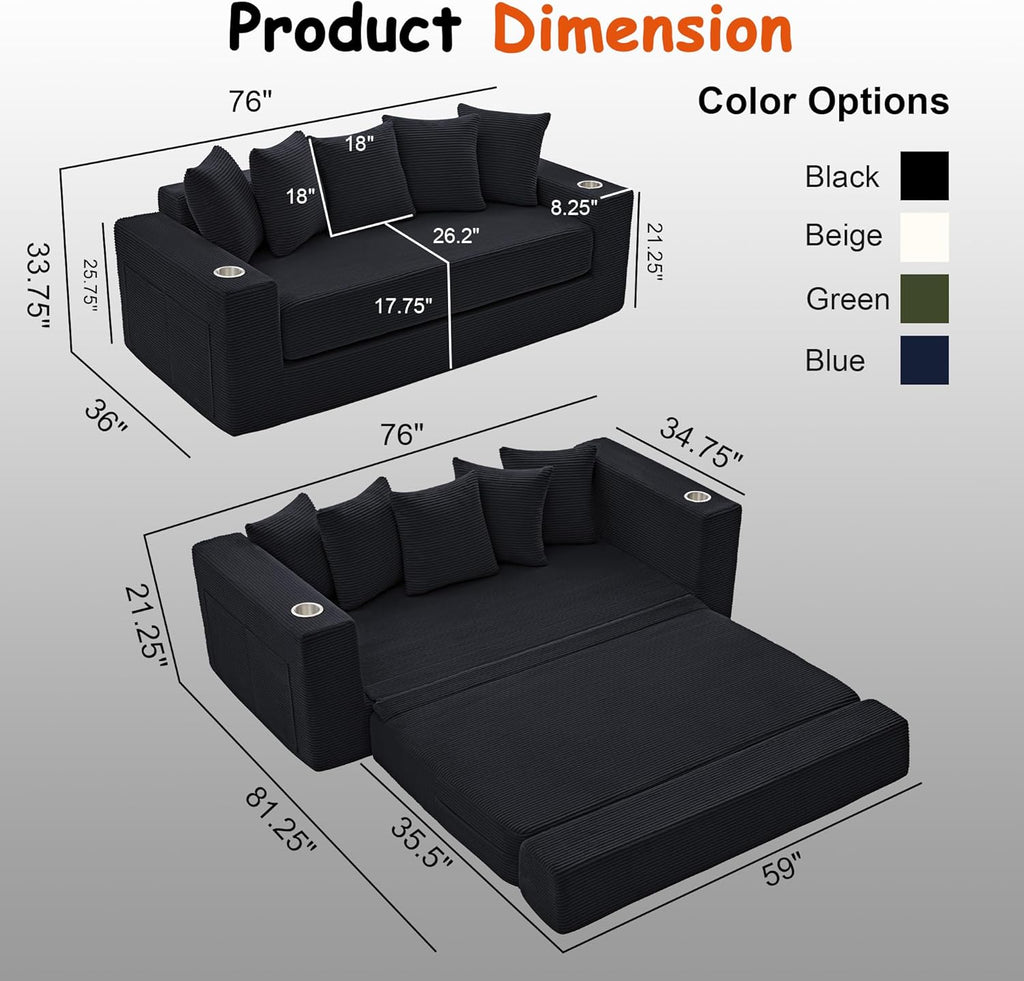 76' Convertible Sofa Bed, 2-in-1 Boneless Sleeper Sofa with Cup Holder & Pocket, Corduroy Pull Out Couch with 5 Pillows, Couch Bed for Living Room, Small Spaces, Bedroom, No Assembly