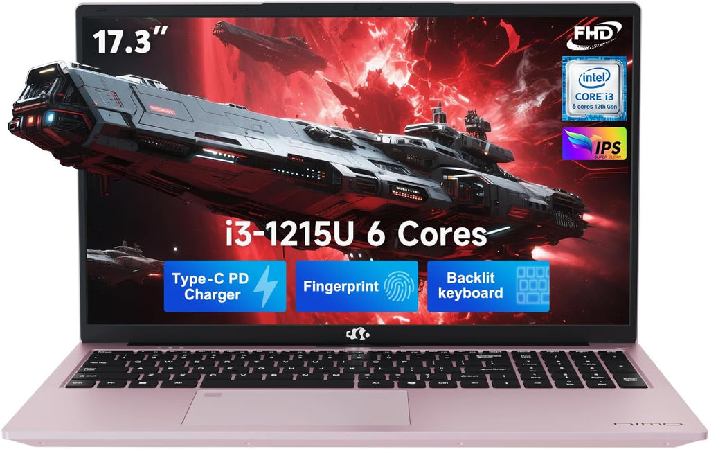 NIMO 17.3' IPS FHD-Student-Laptop, Intel 6 Core I3-1215U 16GB RAM 256GB SSD (Beat R5 7520U, Up to 4.4GHz) Computer with 65W Type C Backlit Keyboard Fingerprint Wi-Fi 6, for Home and Business