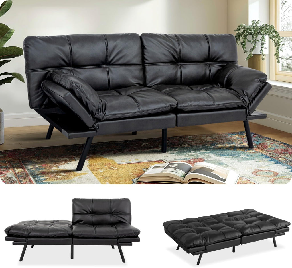 Convertible Memory Foam Sofa Bed with Adjustable Backrest & Armrest, Modern Futon Couch for Living Room, Office, Apartment, Space-Saving Design, Easy Assembly,Matte Black