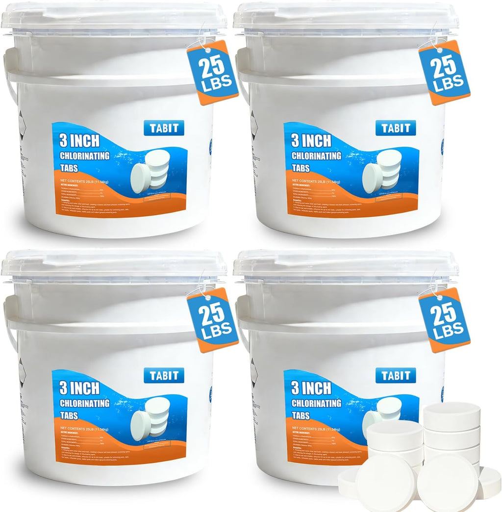 TABIT 100 lbs Chlorine Tablets 3 Inch for Swimming Pools – Slow Dissolving & Long Lasting – 99% Available Chlorine Tri-Chlor – Kills Bacteria & Stops Algae – 4 x 25 lb Buckets