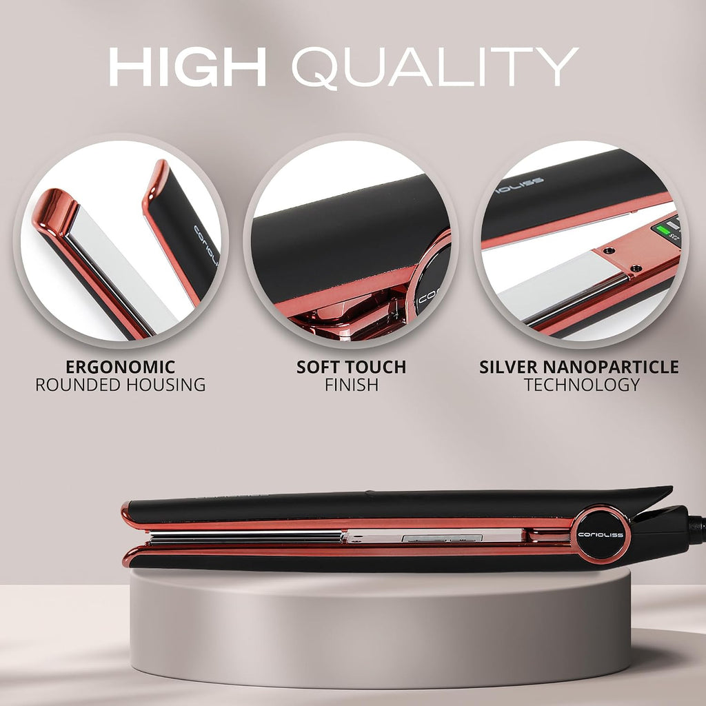 Corioliss C1 Flat Iron Hair Straightener Professional Titanium Plates Temperature Control Travel Case (Black Soft Touch Copper)