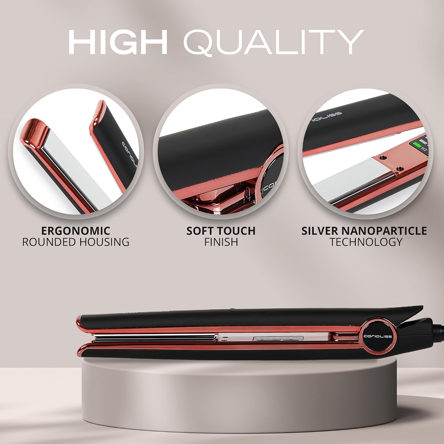 Corioliss C1 Flat Iron Hair Straightener Professional Titanium Plates Temperature Control Travel Case (Black Soft Touch Copper)