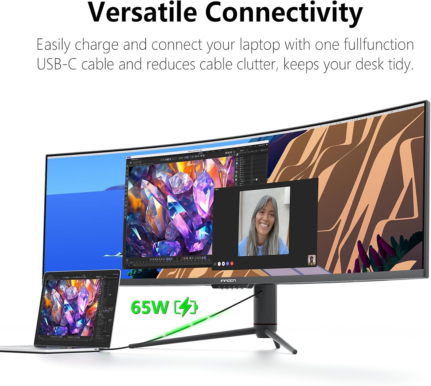 INNOCN 49' 240Hz Curved Monitor Ultrawide Gaming QHD 5120 x 1440P Computer Monitor, R1800, 99% sRGB, HDR400, USB Type C, DisplayPort, HDMI, Built-in Speakers, Height/Tilt Adjustable - 49C1S