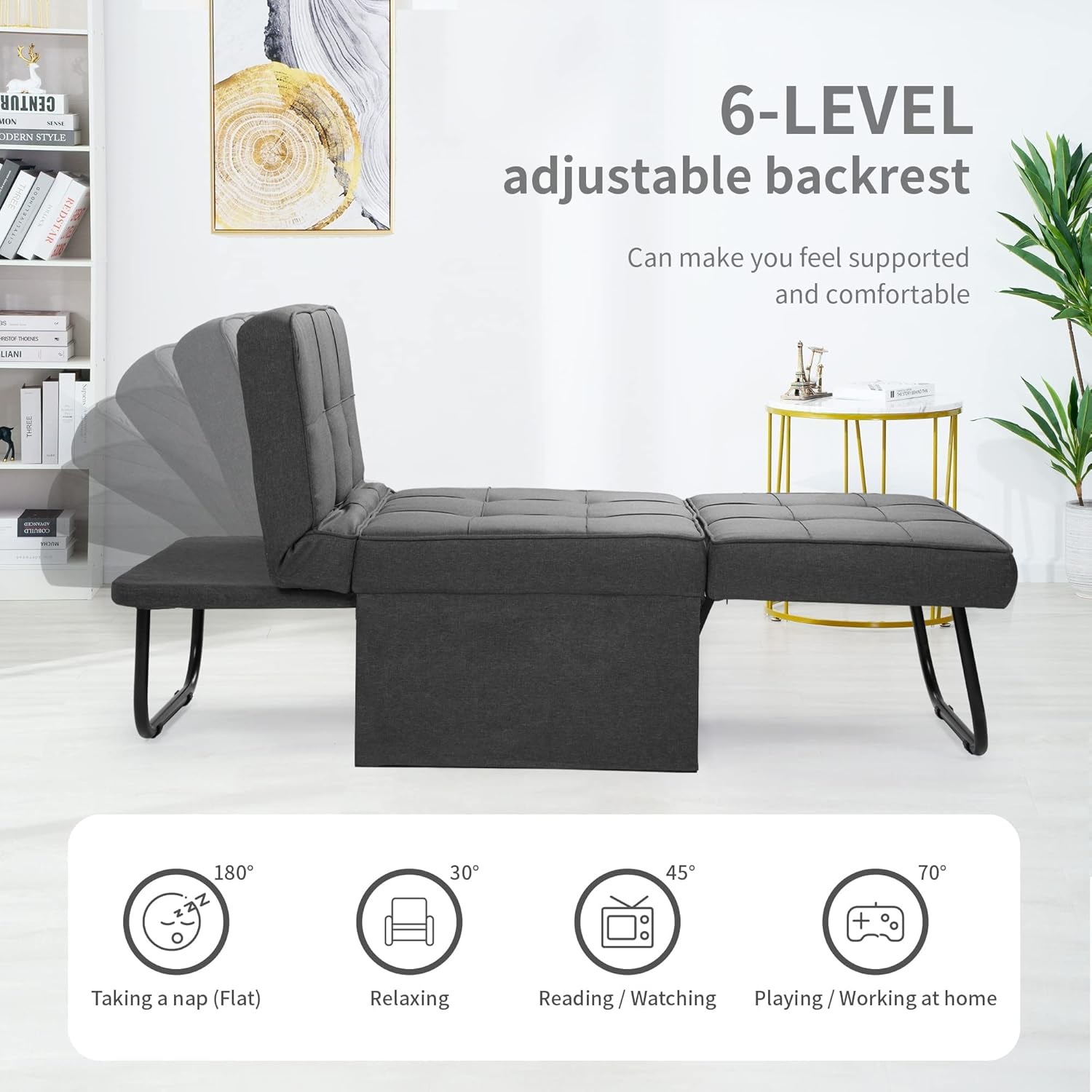 BIGSYY Sofa Bed, Set of 4 in 1 Multi-Function Folding Ottoman Breathable Linen Couch Bed with Adjustable Backrest Modern Convertible Chair for Living Room Apartment Office, Dark Grey