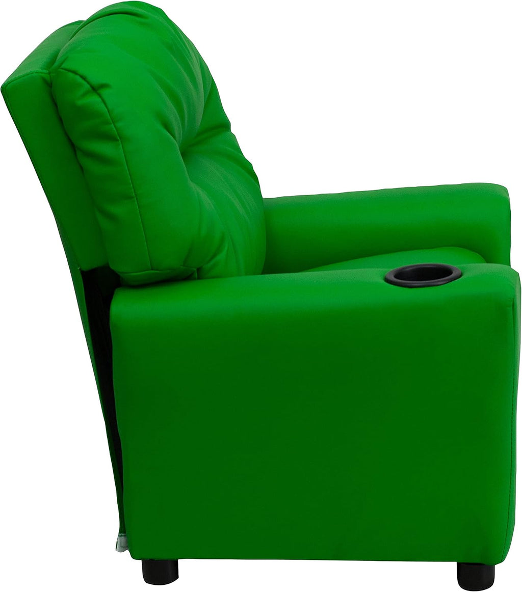 Flash Furniture Chandler Vinyl Kids Recliner with Cup Holder and Safety Recline, Contemporary Reclining Chair for Kids, Supports up to 90 lbs., Green