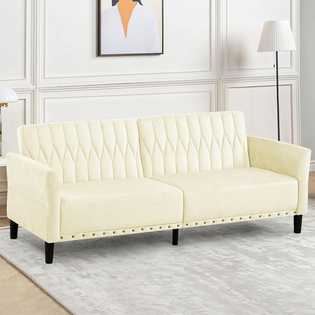 77' Velvet Sofa Bed with Adjustable Armrests and Backrests,Tufted Convertible Futon Couch with Nailhead Trim, Loveseat Modern Velvet Sleeper Sofa for Living Room,Bedroom,Office, Beige