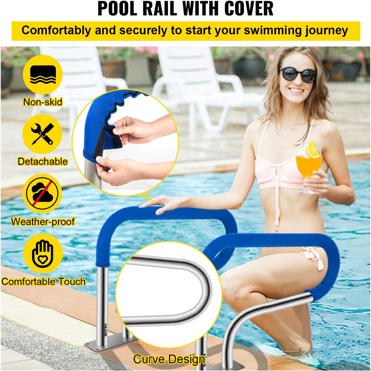 VEVOR Pool Handrail, 32 x 22.5 Swimming Pool Stair Rail, 304 Stainless Steel Stair Pool Hand Rail Rated 375lbs Load Capacity, Pool Rail with Quick Mount Base Plate, and Complete Mounting Accessories