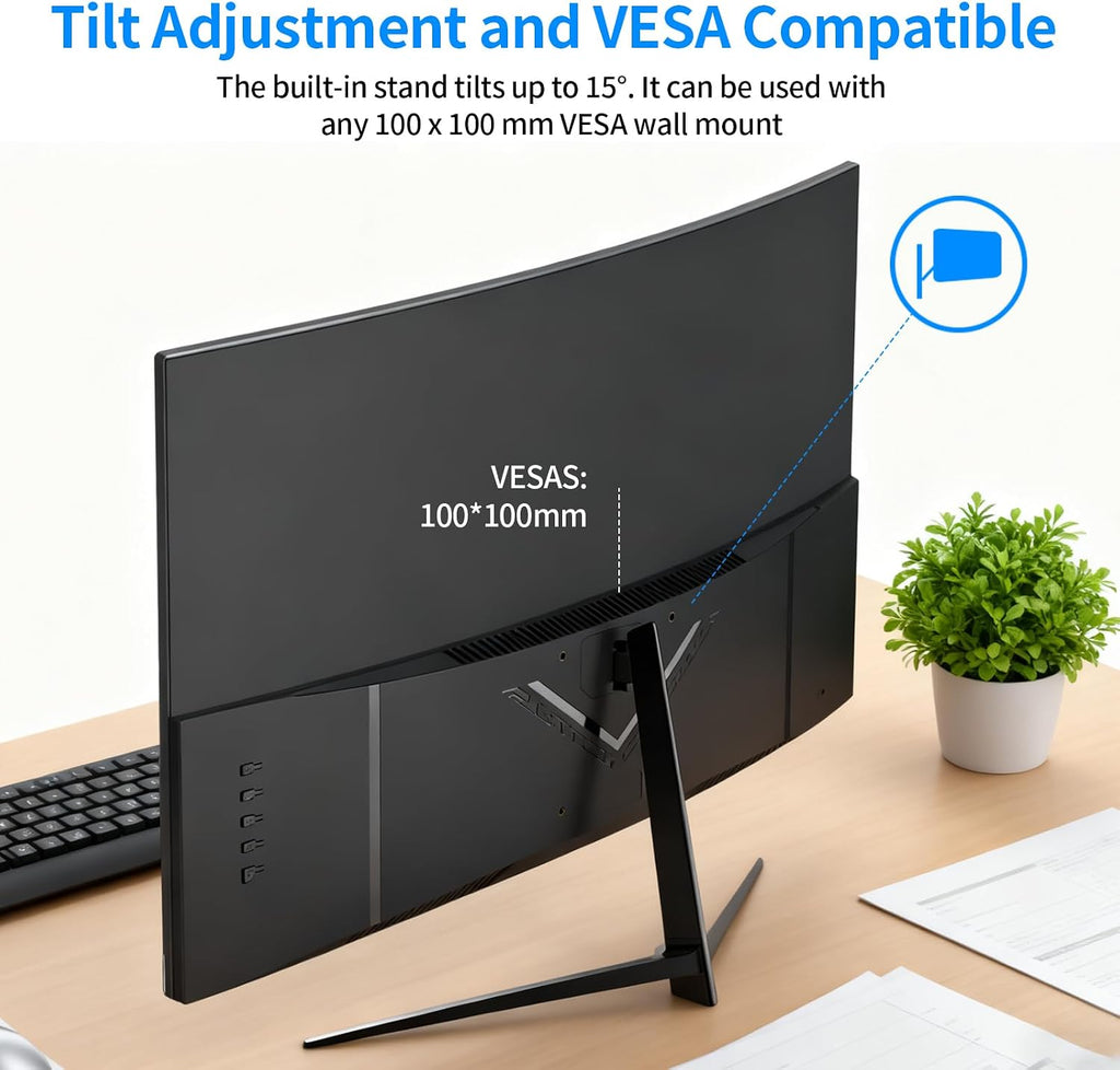 ZZA 27 inch 100Hz Curved Monitor with 1K 1920x1080 Computer Screen 27 inch FHD with HDMI,VGA and Wall Mountable|1080P Eye Care PC Office Display for Working and Gaming