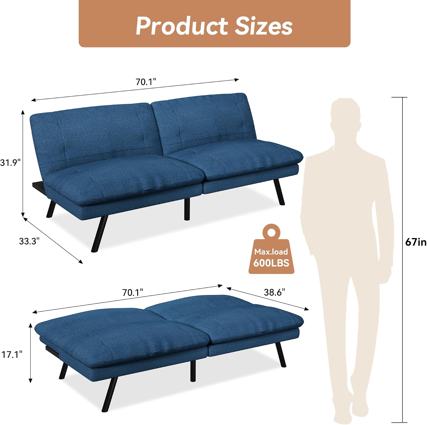 Futon Sofa Bed Convertible Couch, Blue Linen Sofa Bed with Adjustable Backrest, Multifunctional Small Loveseat Sleeper Sofa for Living Room, Apartment, Office