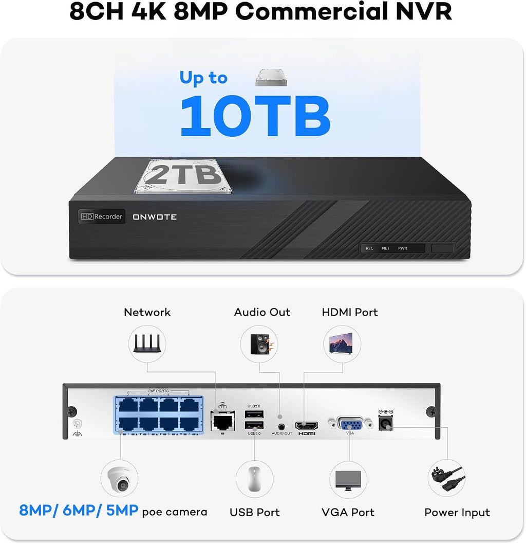 ONWOTE 8 Channel NVR PoE Security Camera System, 4X 6MP Wired Outdoor IP Cameras, AI Human Vehicle Detection Tigger Color Night Vision, 122° FoV, 8CH 4K 8MP NVR 2TB, CCTV Kit for Home Businesses