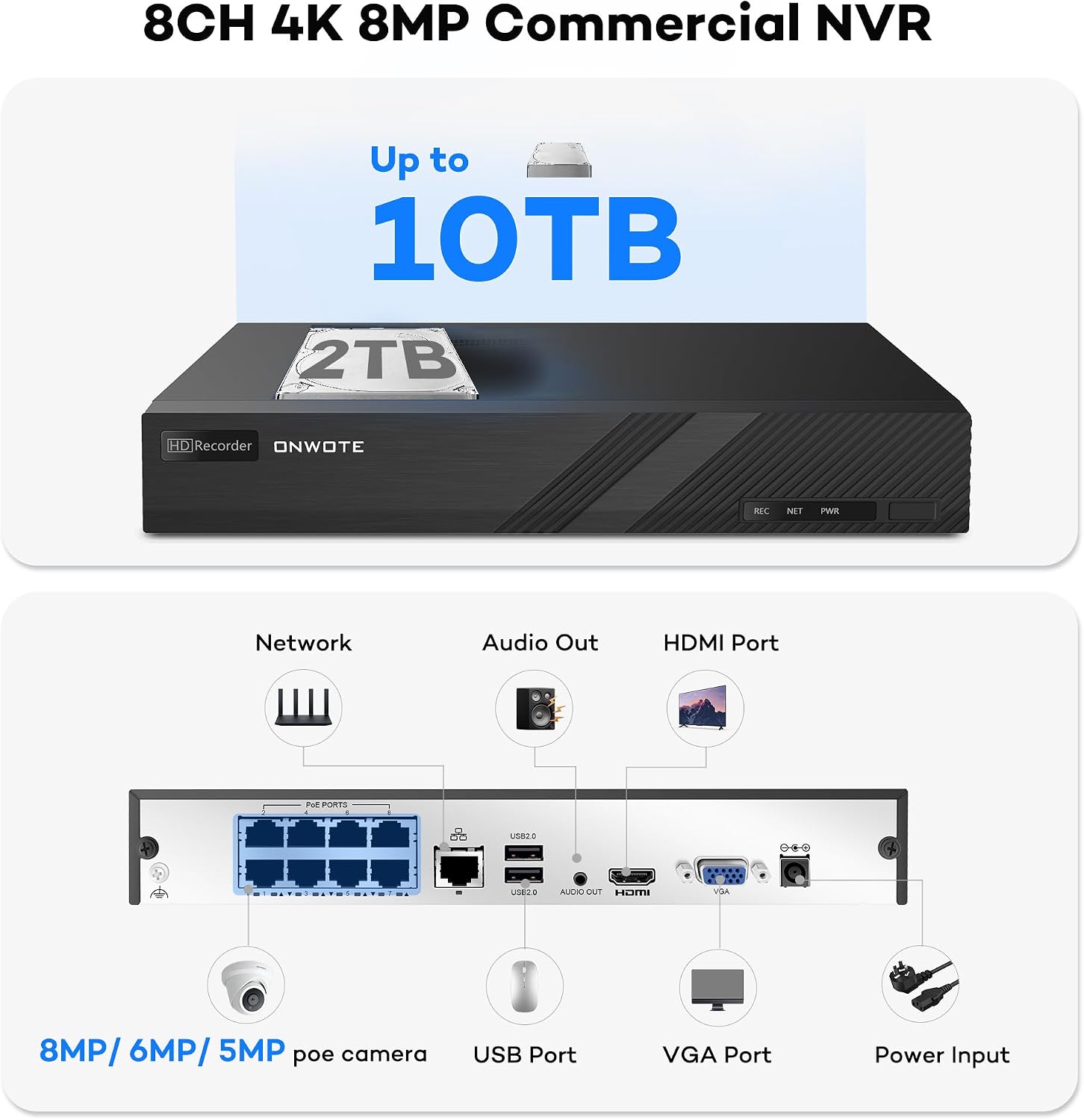 ONWOTE 8 Channel NVR PoE Security Camera System, 4X 6MP Wired Outdoor IP Cameras, AI Human Vehicle Detection Tigger Color Night Vision, 122° FoV, 8CH 4K 8MP NVR 2TB, CCTV Kit for Home Businesses