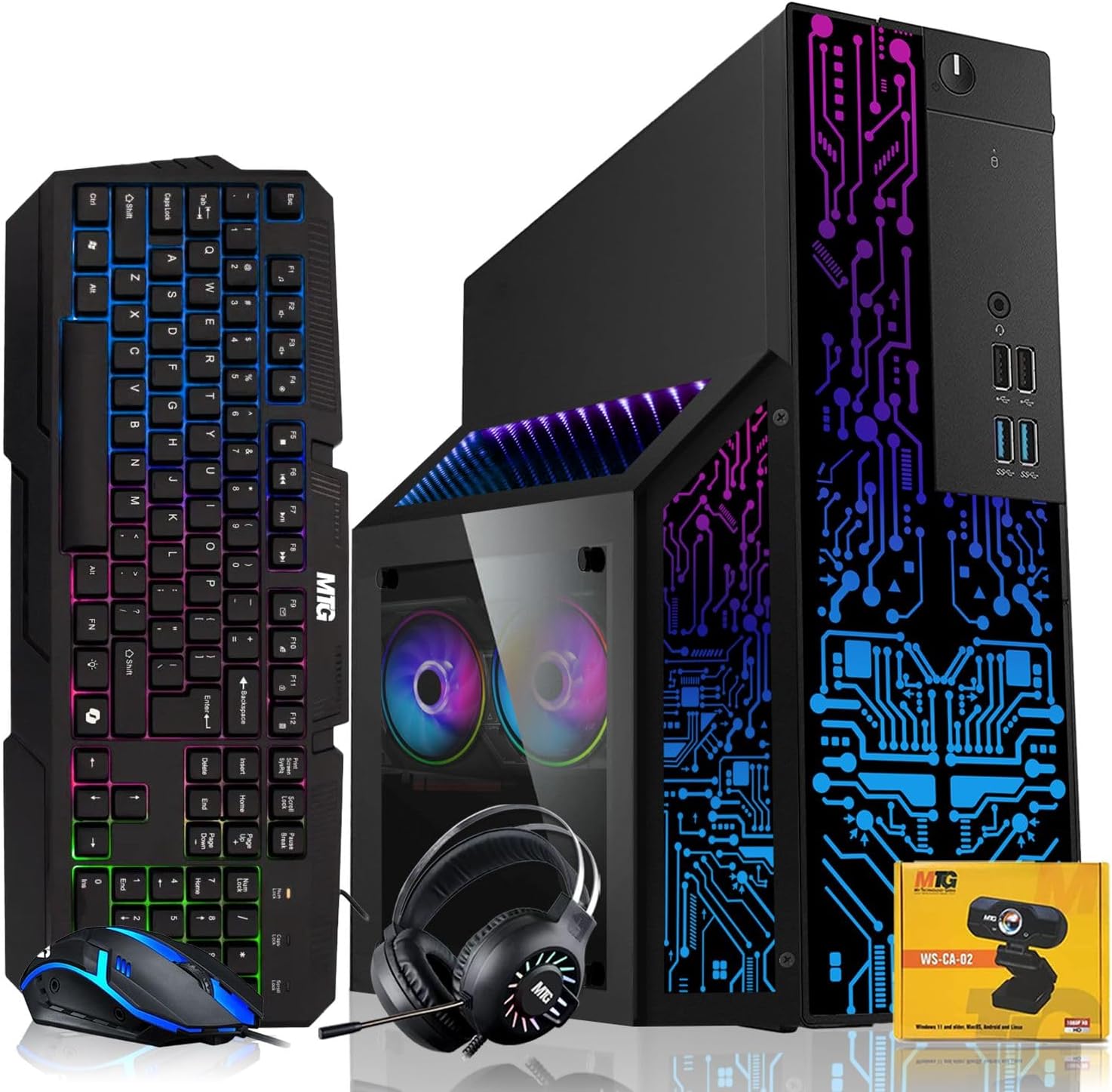 TechMagnet Nova Gaming Desktop PC Bundle with Core i7 32GB RAM 1TB SSD RTX 2060 Graphics RGB Keyboard with AI-Enabled Copilot Key Mouse Headphones Webcam Windows 11 (Renewed)