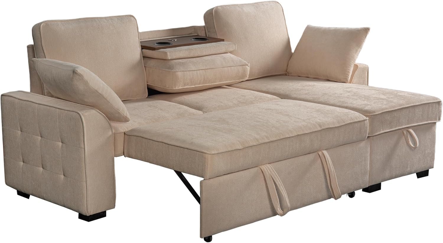 Ball & Cast L-Shape Reversible Sectional Sleeper Sofa Bed 4 in 1 Pull Out Couch with Storage Chaise,Cup Holders & USB Ports,Convertible Sleeper Corner Couch Pull-Out Sofa Bed for Living Room,Office