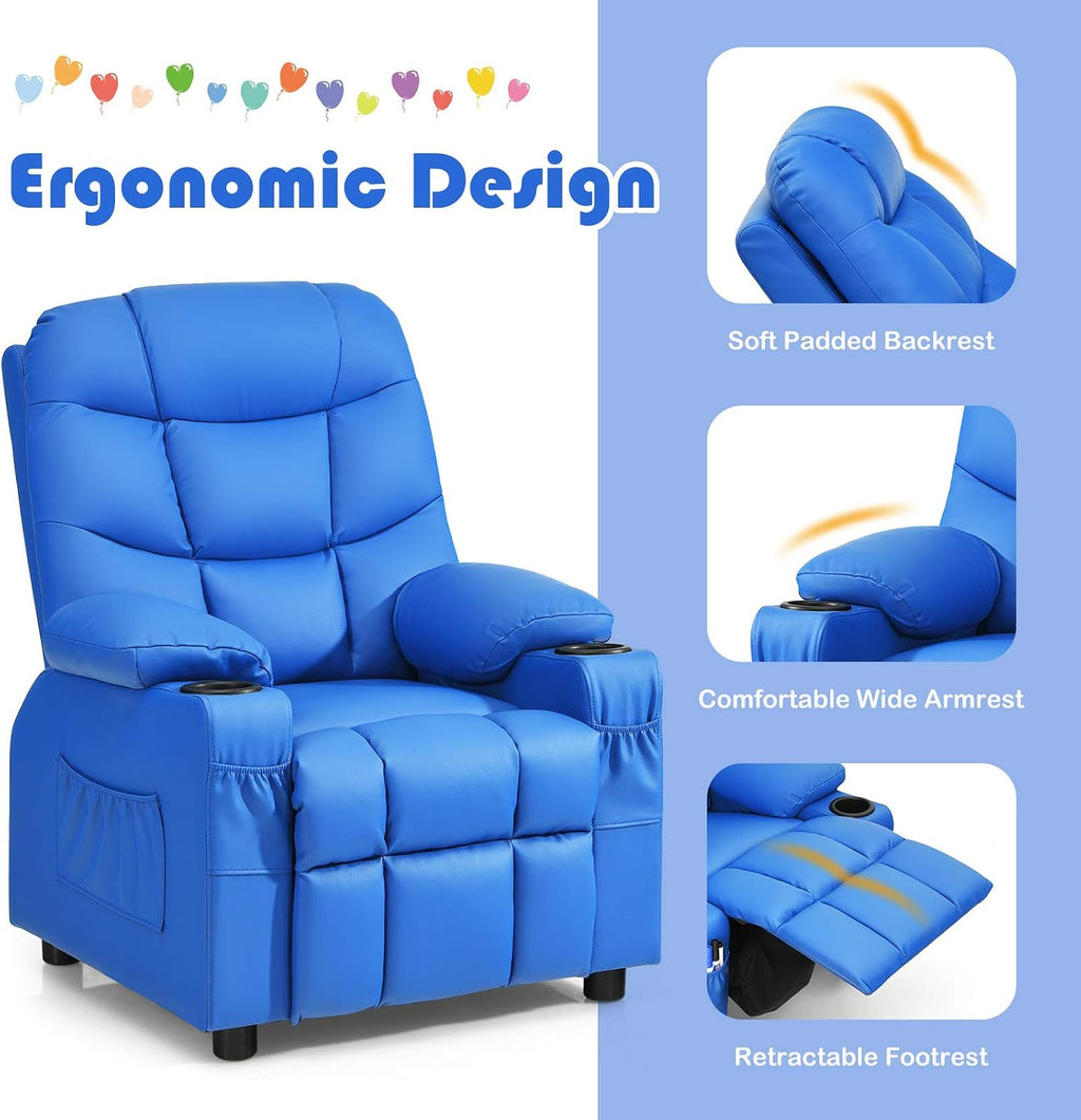 Costzon Kids Recliner Chair with Cup Holder, Adjustable Leather Lounge Chair w/Footrest & Side Pockets for Children Boys Girls Room, Ergonomic Toddler Furniture Sofa, Kids Recliner (Blue)