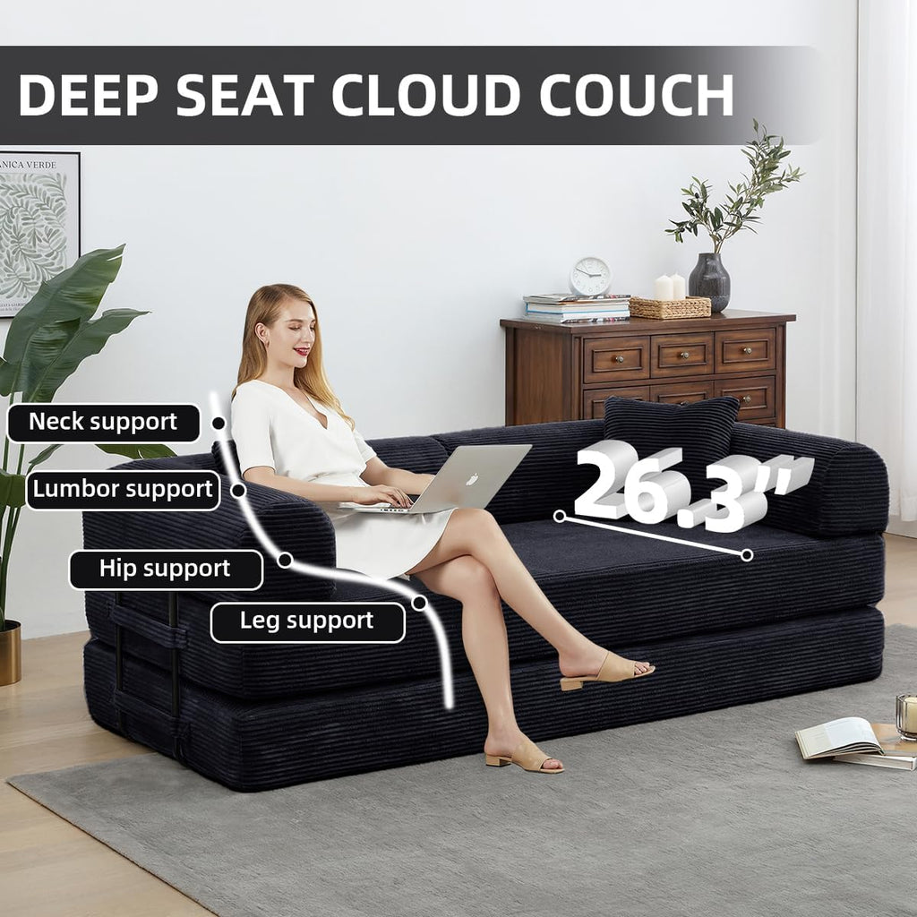 Convertible Folding Sofa Bed,Fold Out Floor Sofa Couch with Fixed-Shape Frame,Corduroy Foldable Mattress Cloud Couch for Living Room Bedroom (Black, 78 Inch)