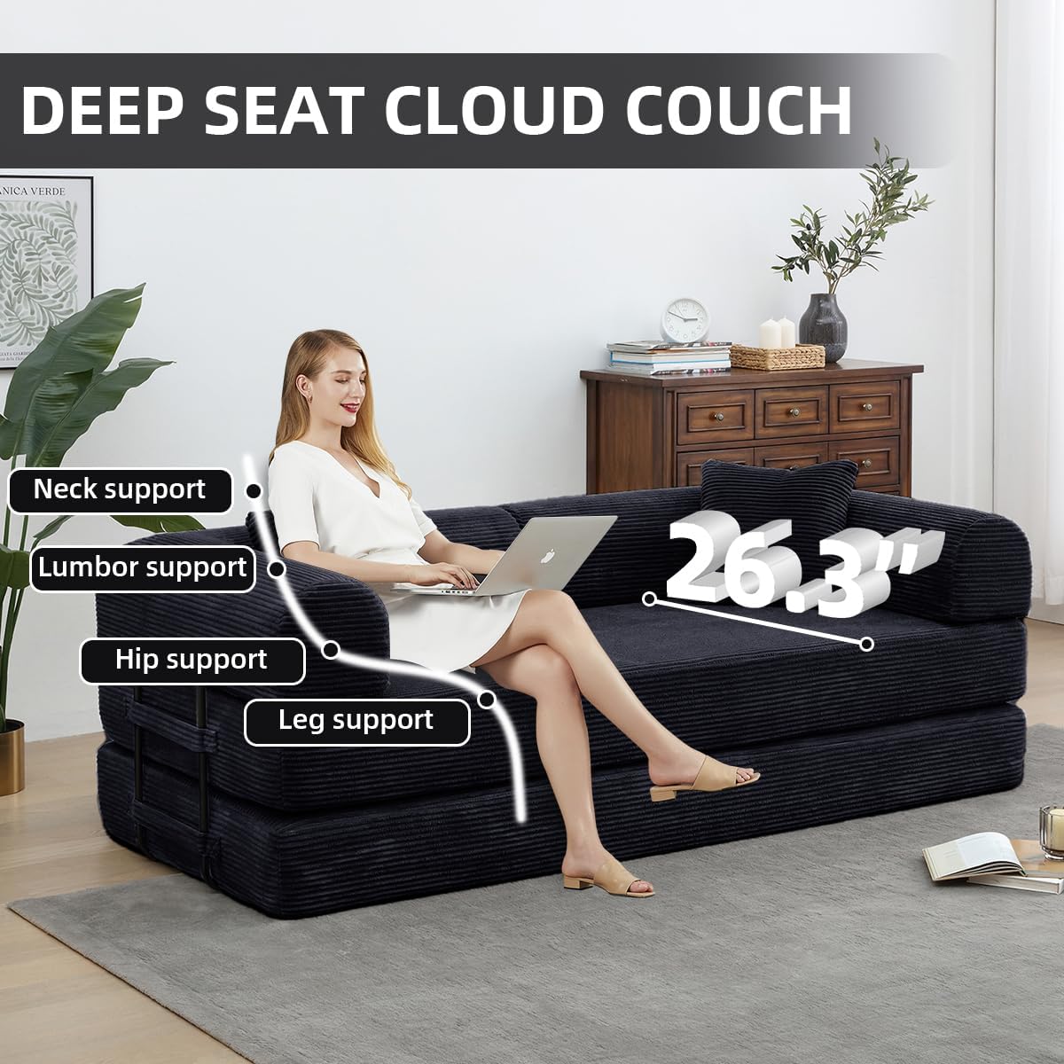 Convertible Folding Sofa Bed,Fold Out Floor Sofa Couch with Fixed-Shape Frame,Corduroy Foldable Mattress Cloud Couch for Living Room Bedroom (Black, 78 Inch)