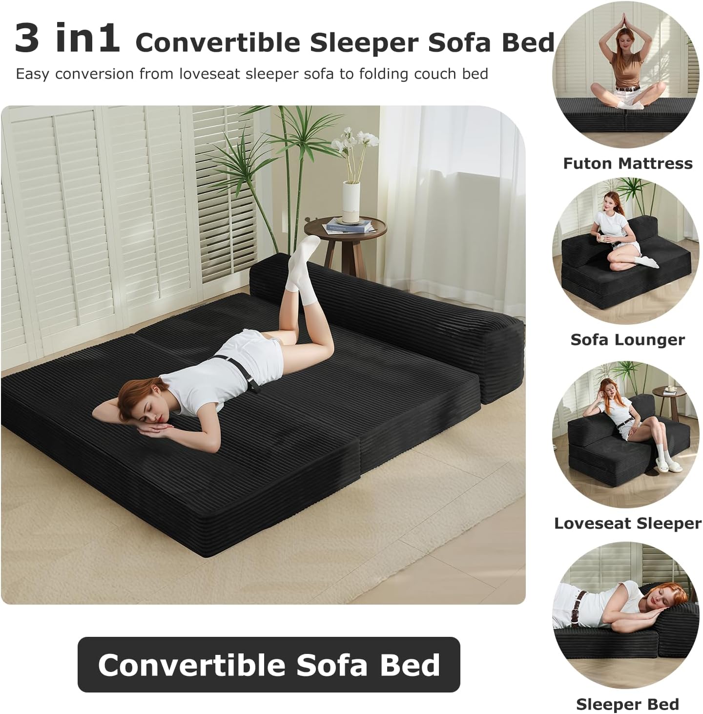 Folding Futon Sofa Bed Full Size, 6 inch Convertible Floor Couch Bed with Removable Corduroy Cover, Pull Out Couch for Small Spaces High-Density Foam,Black
