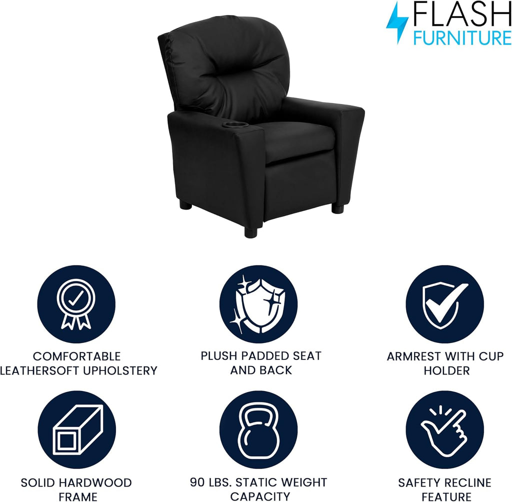 Flash Furniture Chandler LeatherSoft Kids Recliner with Cup Holder and Safety Recline, Contemporary Reclining Chair for Kids, Supports up to 90 lbs., Black