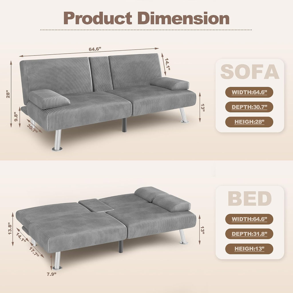 YESHOMY Futon Sofa Bed, Futon Couch with Adjustable Backrest, Convertible Sleeper Sofa with Removable Armrests, Loveseat in Corduroy with 2 Cup Holders for Living Room, Apartment (Grey)