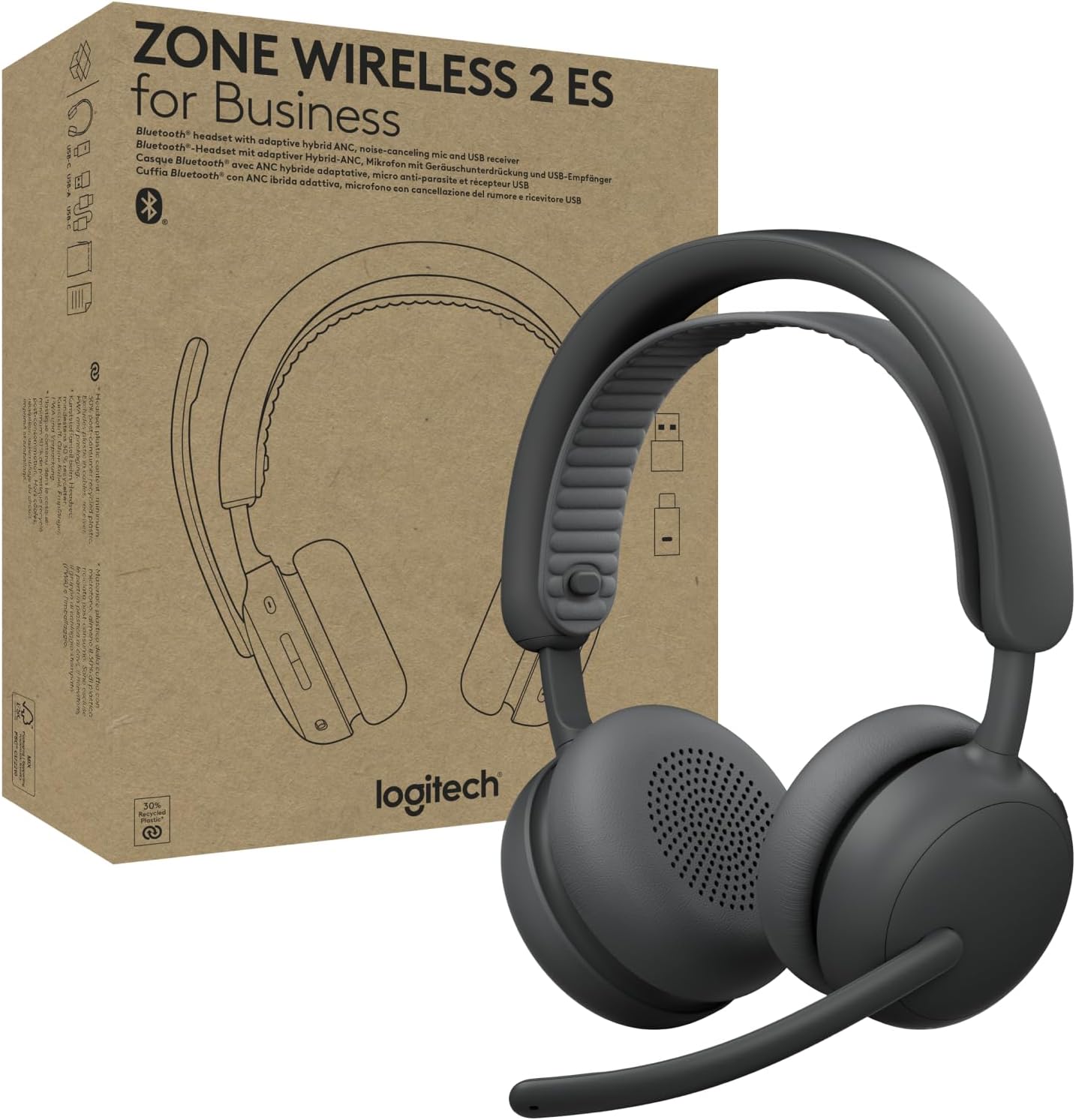 Logitech Zone Wireless 2 ES for Business - Noise-Canceling Wireless Headset with Adaptive Hybrid ANC, Bluetooth, USB-C & USB-A, Microsoft Teams Certified - Graphite